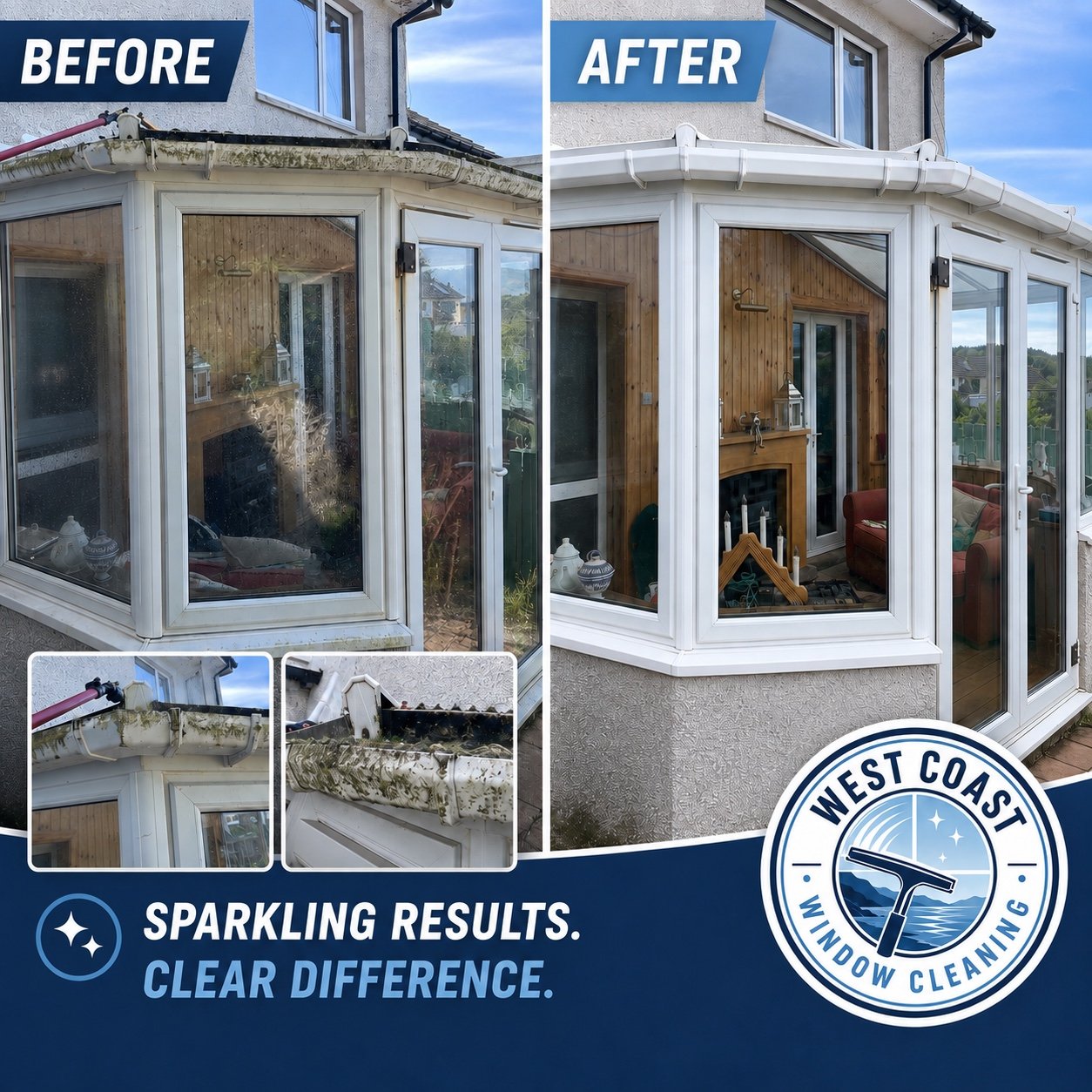 Before and after cleaning of conservatory windows and exterior